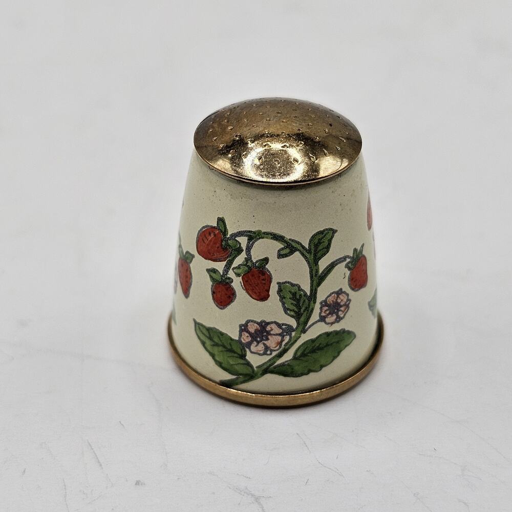 Vintage Staffordshire Enamel Thimble Strawberries with Gold Tone Trim